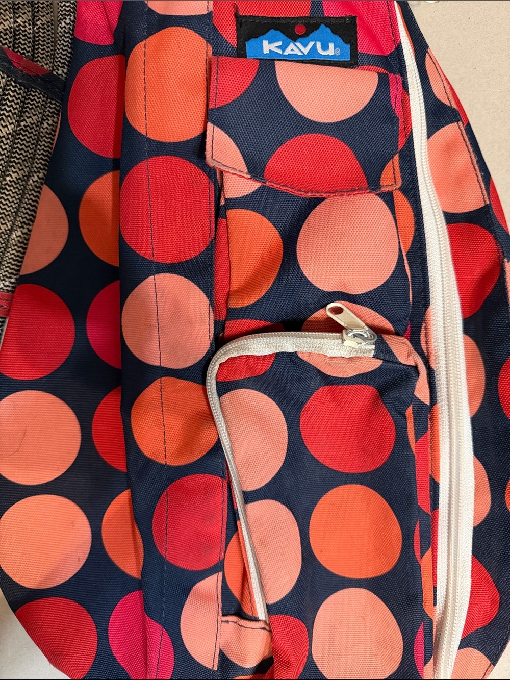 Kavu Navy Sling Bag with Coral and Red Dots - Picture 2 of 5